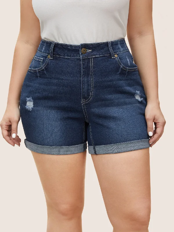 Dark Wash Distressed Roll Hem Denim Shorts