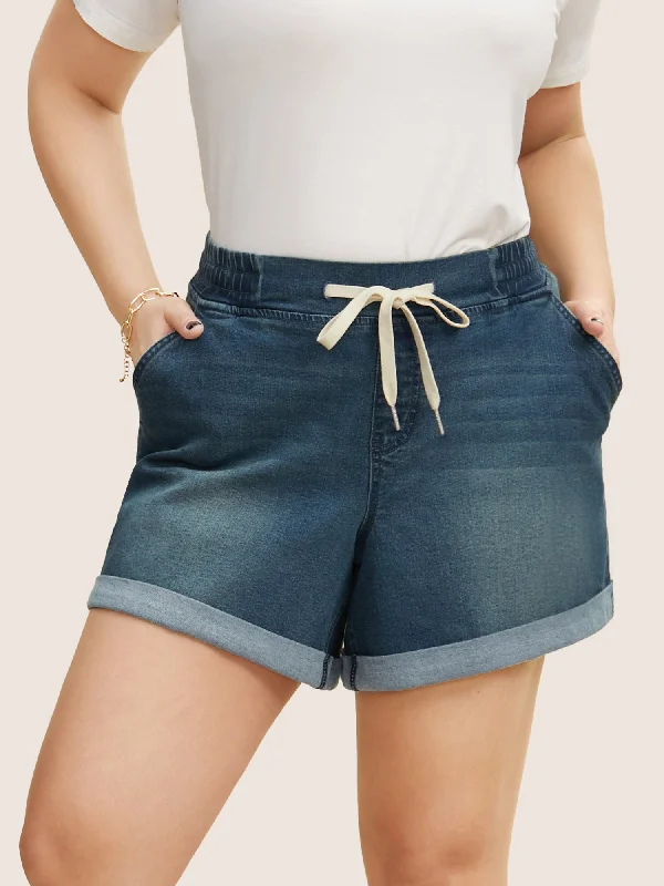 Dark Wash Roll Hem Drawstring Denim Shorts