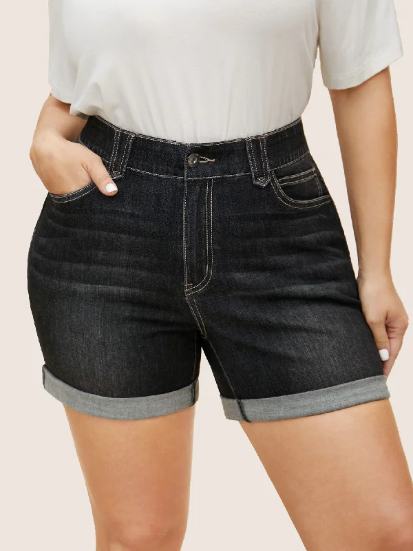 Dark Wash Roll Hem High Stretch Denim Shorts