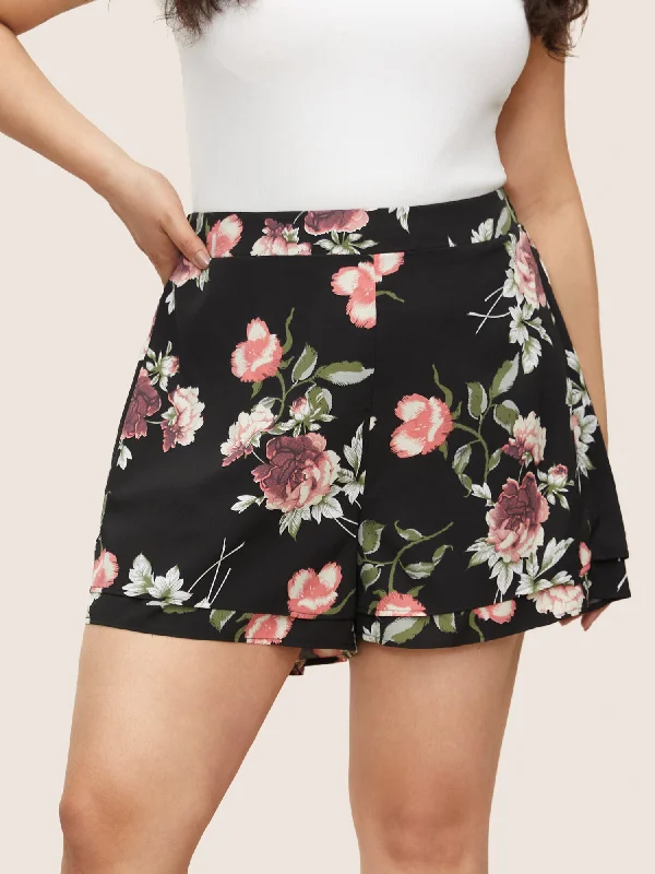 Floral Elastic Waist Tiered Hem Shorts