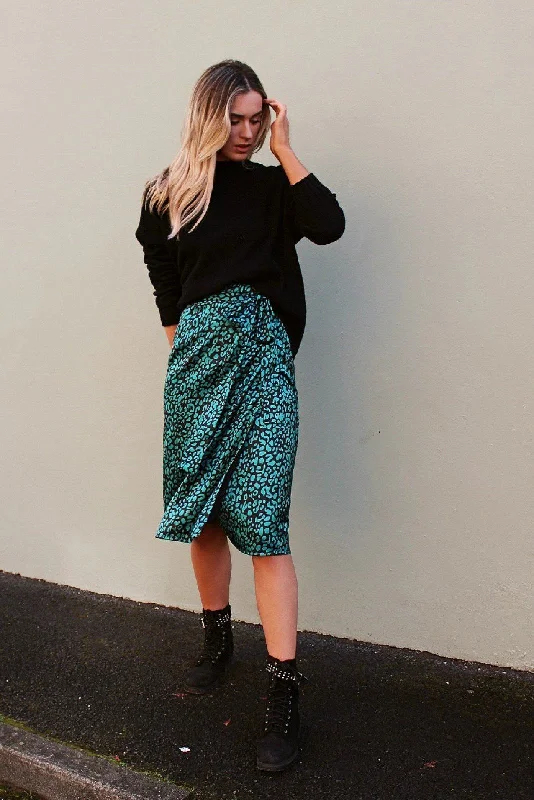 Green Leopard Print Satin Wrap Skirt