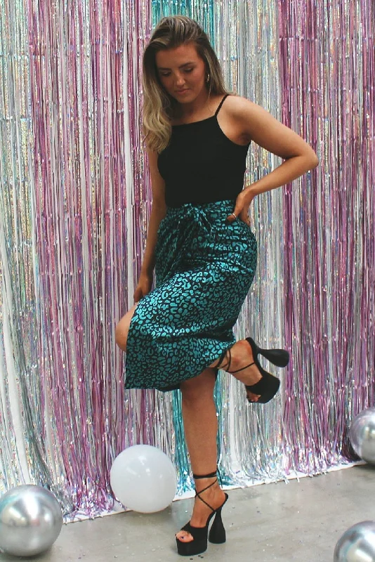 Green Leopard Print Satin Wrap Skirt