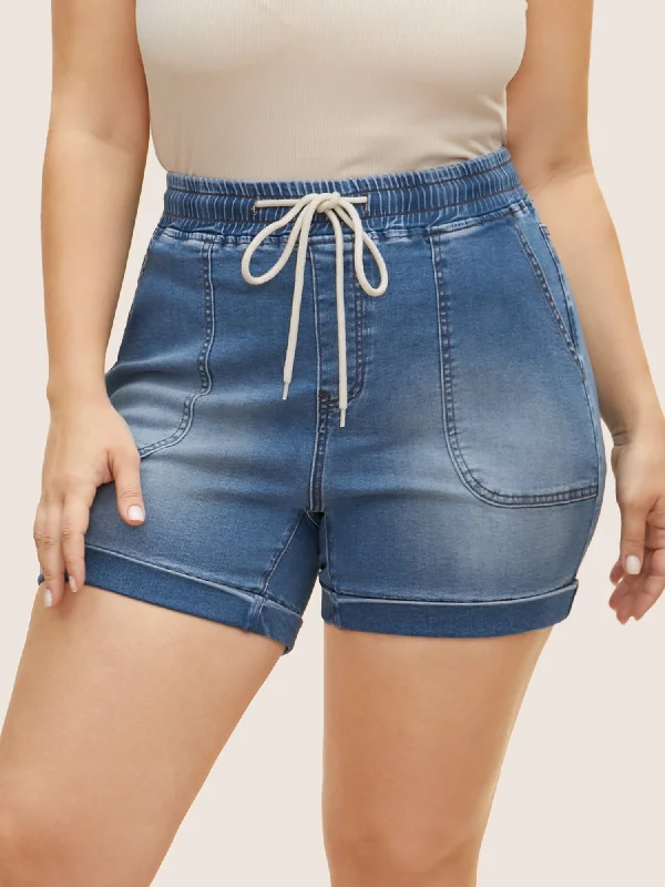 Medium Wash Drawstring Roll Hem Denim Shorts