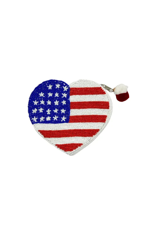 American Flag Beaded Heart Pouch